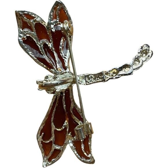 Dragonfly Dual Pendand Brooch Pin With Amber & Silver Toned Wings - Picture 4 of 4